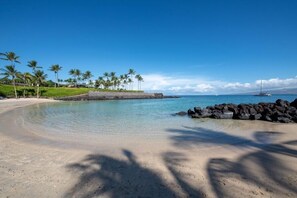A beach with clear water, palm trees, and a rocky shoreline. - Stunning 6BR One Ocean Estate GE6 at Mauna Lani – Island Luxury & Private Po (Kamuela)