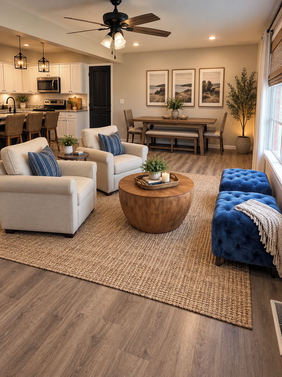 A modern living room with a sofa, armchairs, a coffee table, and a dining area with a table and chairs.