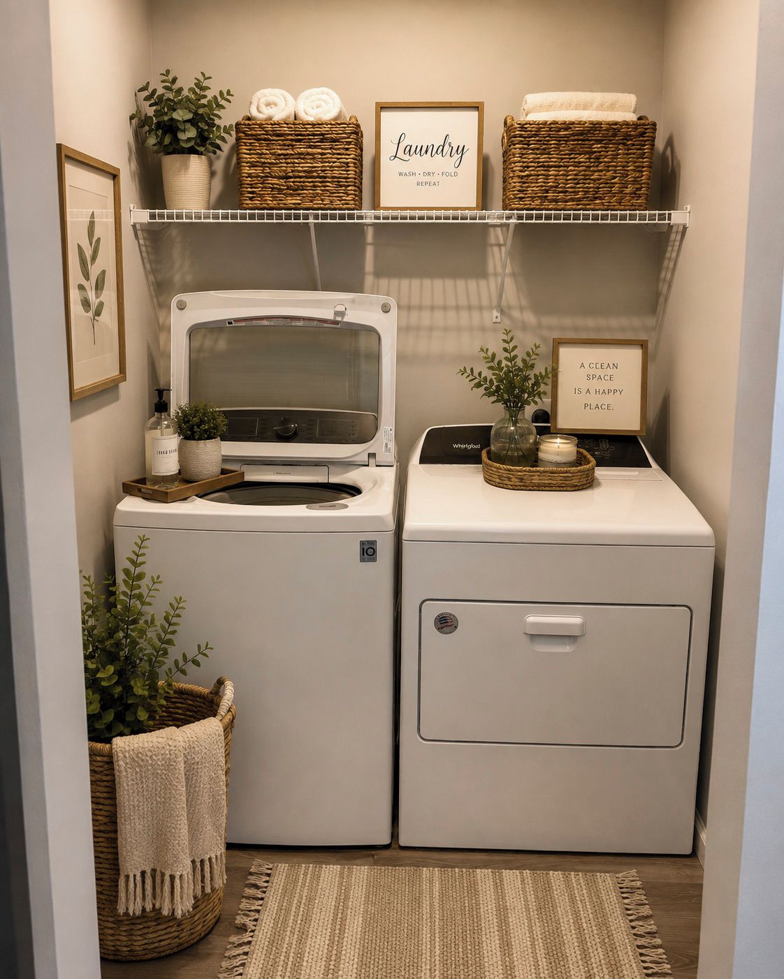 Ein Waschraum mit einer Frontlader-Waschmaschine und einem Trockner, einem Regal mit Körben und Handtüchern sowie einem gerahmten Schild mit der Aufschrift 'Laundry'.