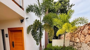 A building entrance with a wooden door, a stone wall, and a variety of greenery including palm trees and shrubs. - Carribbean Oasis Cozy 1-bedroom apartment in delightful Punta Cana with AC (Punta Cana)