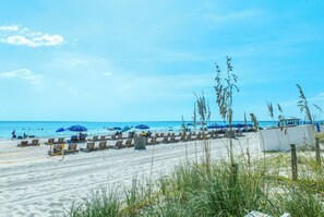 A beach with rows of sun loungers and umbrellas, a clear sky, and the ocean in the background. - 🏖️Twin Palms 2204 Penthouse~Gulf-Front Views 🌅 Pool~Dedicated Parking (Panama City Beach)