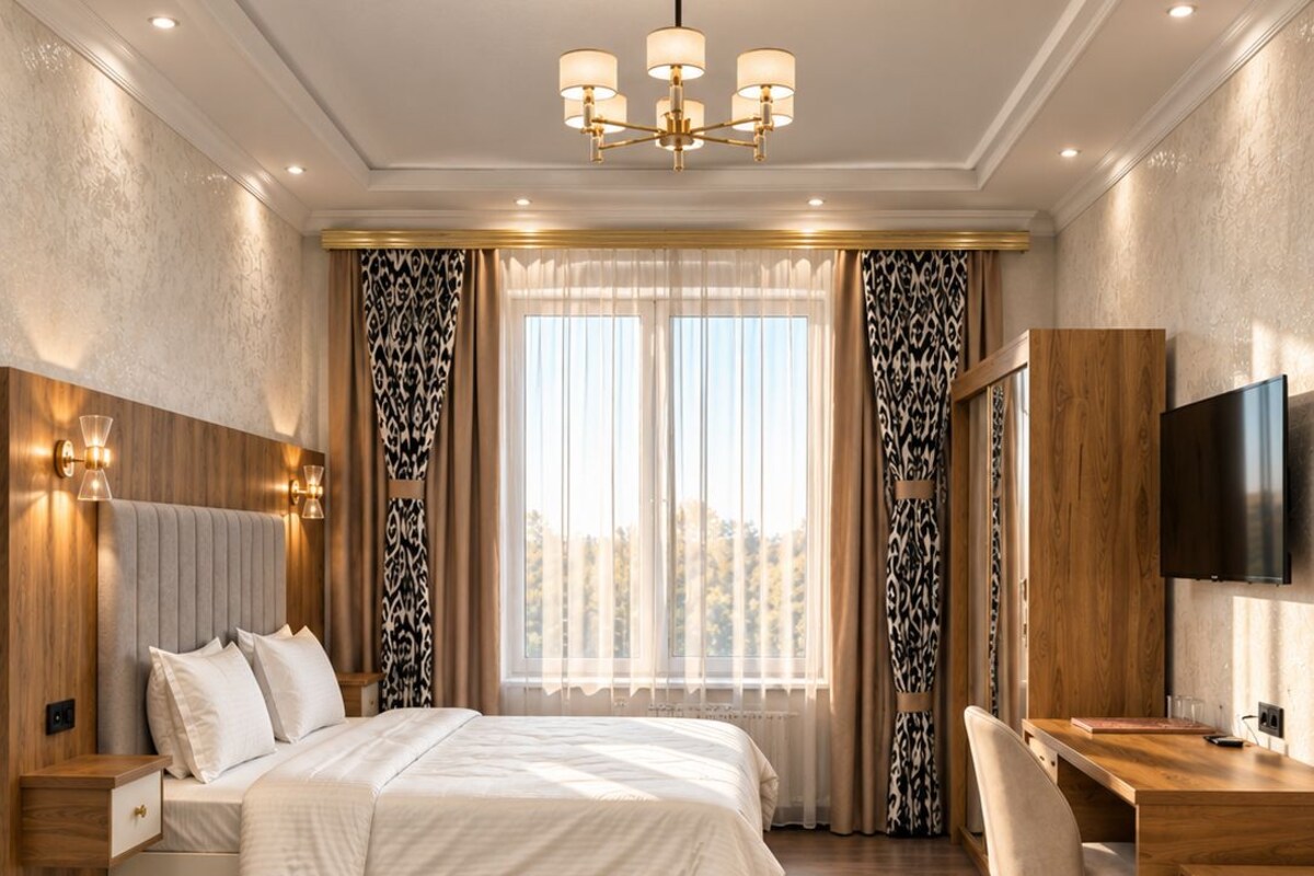 Habitación de hotel con una cama grande, un escritorio, un televisor y vistas al exterior.