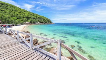 Une jetée en bois mène à une plage bordée d’une eau turquoise et limpide, avec une colline boisée en arrière-plan.