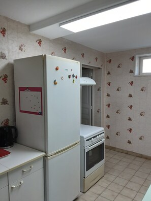 A kitchen with a refrigerator, stove, and a wall with floral wallpaper. - A FAMILY-FRIENDLY LONGÈRE IN SOLOGNE, AMIDST THE CASTLES AND NEAR THE BEAUVAL ZOO (Cour-Cheverny)