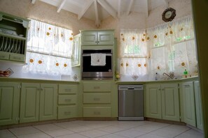 A kitchen with green cabinets, a stainless steel oven, and a dishwasher. - Spacious 5-bedroom house in soothing Bridgetown with AC (Bridgetown)