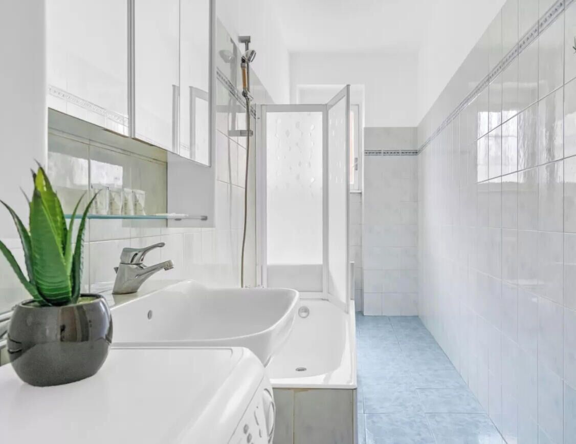Ein modernes Badezimmer mit einer großen, weißen Badewanne, einer Duschkabine aus Glas und einer Topfpflanze.