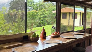 A wooden bar area with a view of a lush garden.