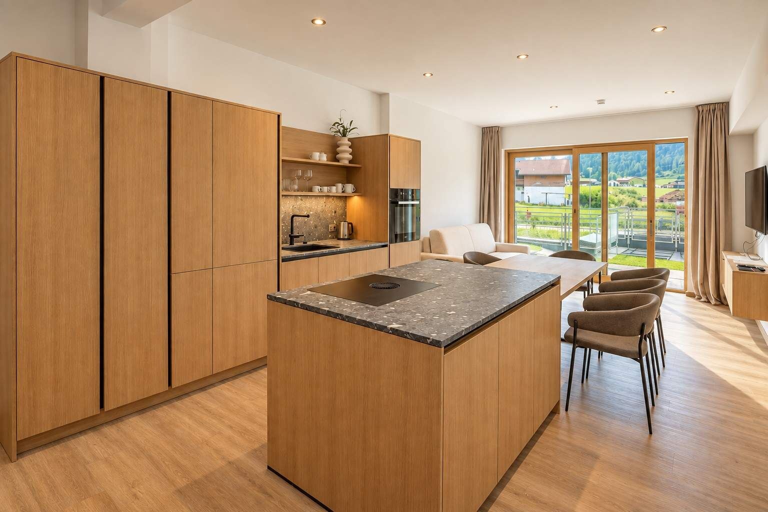 Eine moderne Küche mit Holzschnitzschränken, einer zentralen Kochinsel und einem Essbereich mit Ausblick ins Freie.