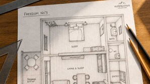 A sketch of a room labeled 'Freedom No.5' with a bed, a sofa, a table, and a WC. - BASE Achensee Freedom N°15 – Private mini gym (Achenkirch)
