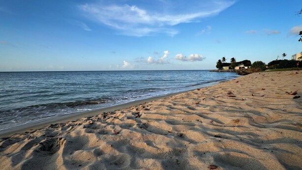 Ein sandiger Strand mit Fußspuren, die zum Wasser führen, ein klarer Himmel und ein entferntes Gebäude mit Palmen.