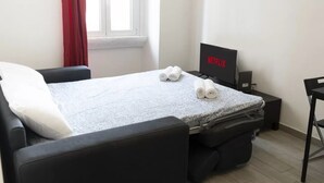 Habitació senzilla amb llit, televisió i escriptori.