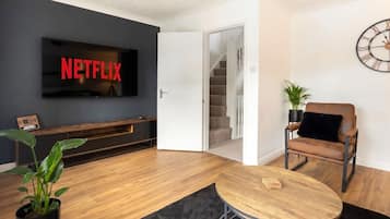TV, fireplace, books