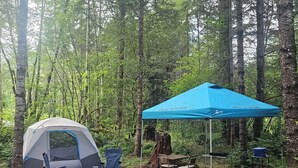A tent with a blue canopy, a table, and chairs set up in a forest.