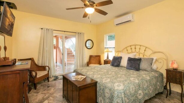 A bedroom with a bed, a desk, a chair, a ceiling fan, and an air conditioning unit. - Cay Syrah! 4 bedroom home! Solar/battery backup! (Cruz Bay)