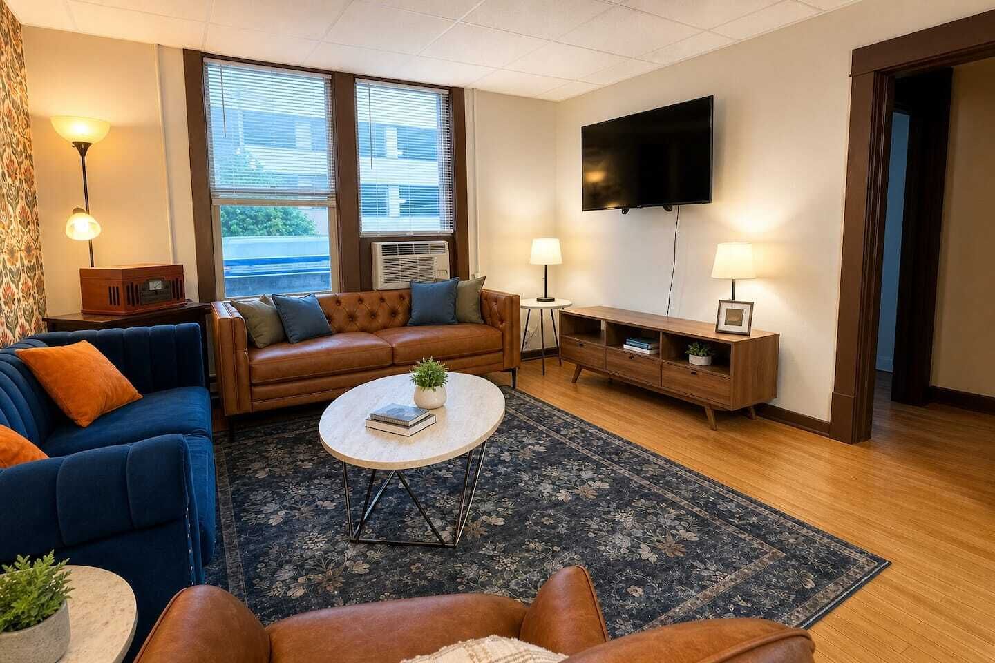 Una sala de estar con sofá, mesa de centro y televisor.