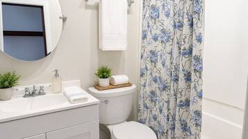 A bathroom with a white sink, a toilet, a mirror, and a shower curtain with a floral pattern.