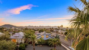 A residential area with houses, palm trees, and a clear sky. - Famous Historic Big Blue House (Tucson)