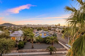 A residential area with houses, palm trees, and a clear sky. - Famous Historic Big Blue House (Tucson)