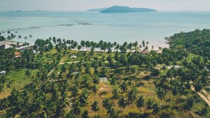 Un paysage côtier avec des palmiers, une plage et une île au loin.