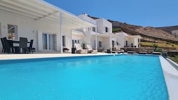 Outdoor pool, pool umbrellas, pool loungers