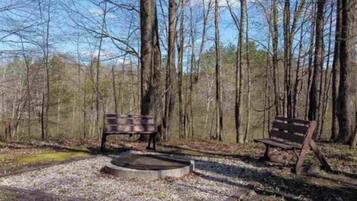 A forested area with two benches and a circular fire pit.