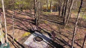 A campsite with a picnic table, a fire pit, and a small pond.