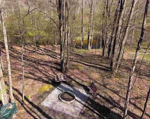 A campsite with a picnic table, a fire pit, and a small pond.