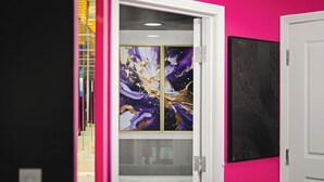 Een gang met een glazen deur die leidt naar een kamer, een roze muur en een lijstwerk met een kunstwerk.