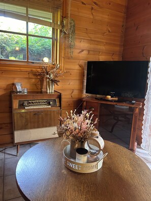 L’intérieur chaleureux d’un chalet, avec un décor en bois, un téléviseur, une radio ancienne et une table agrémentée d’un élément décoratif central.