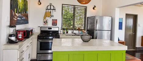 A modern kitchen with a central island, stainless steel appliances, and a view of greenery outside.