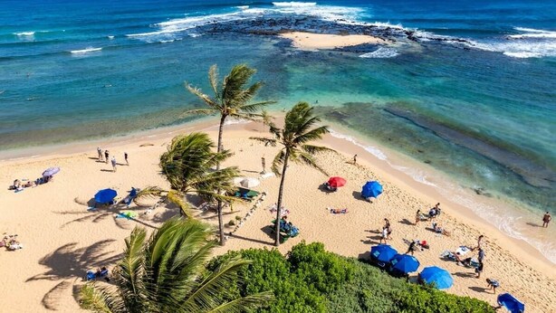 A beach with clear blue water, palm trees, and umbrellas. - Pili Mai at Poipu - Condo on Kiahuna Golf Course - Pool, Spa, AC, Walk to Beach (Koloa)