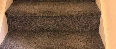 A carpeted staircase with a handrail on the left and a wooden wall on the right.