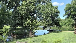 Un entorno tranquilo junto al lago, con un muelle, abundante vegetación y cielo despejado.