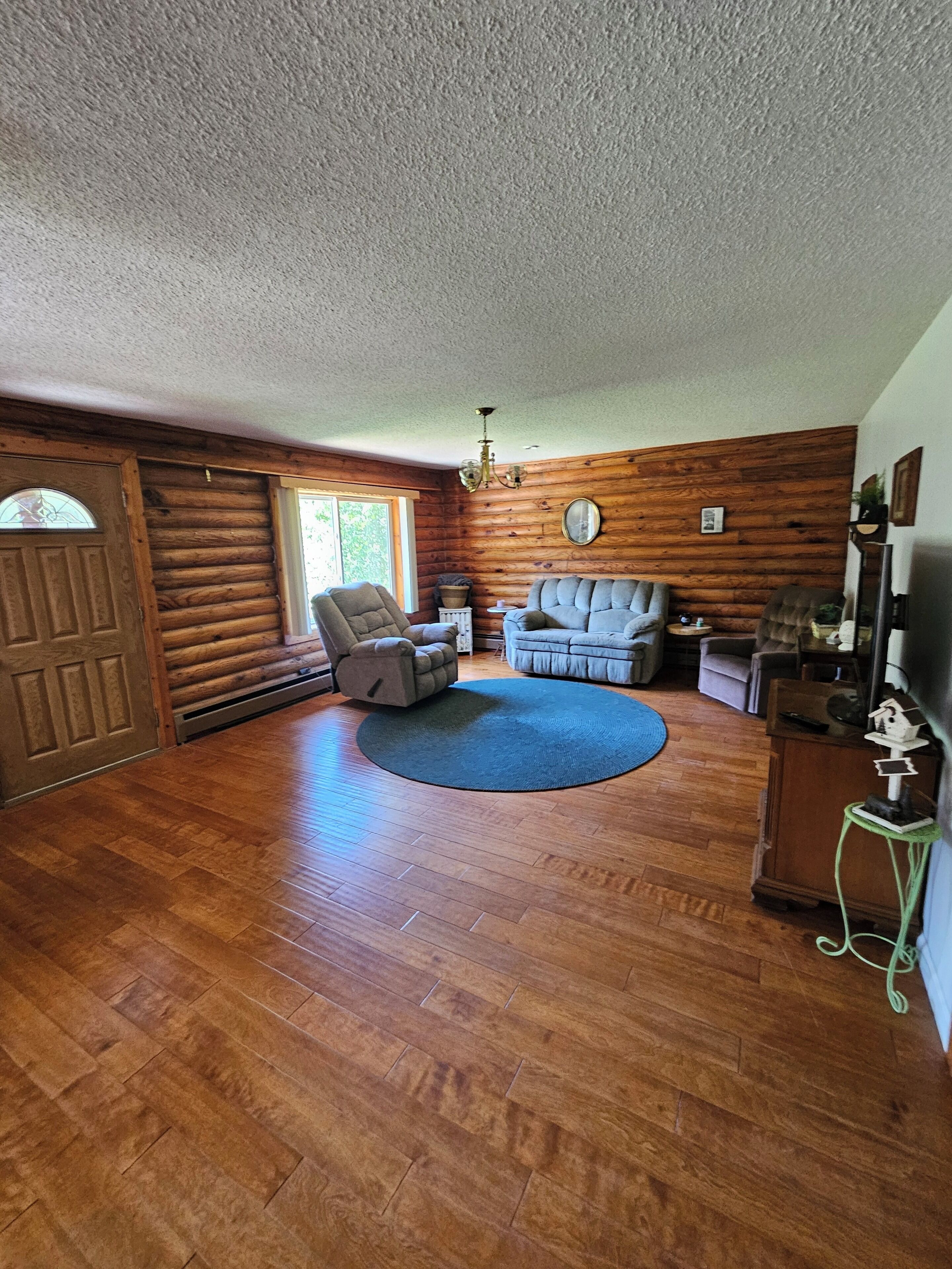 Interior de uma cabana de tronco com piso de madeira, tapete azul, lareira e uma janela grande.