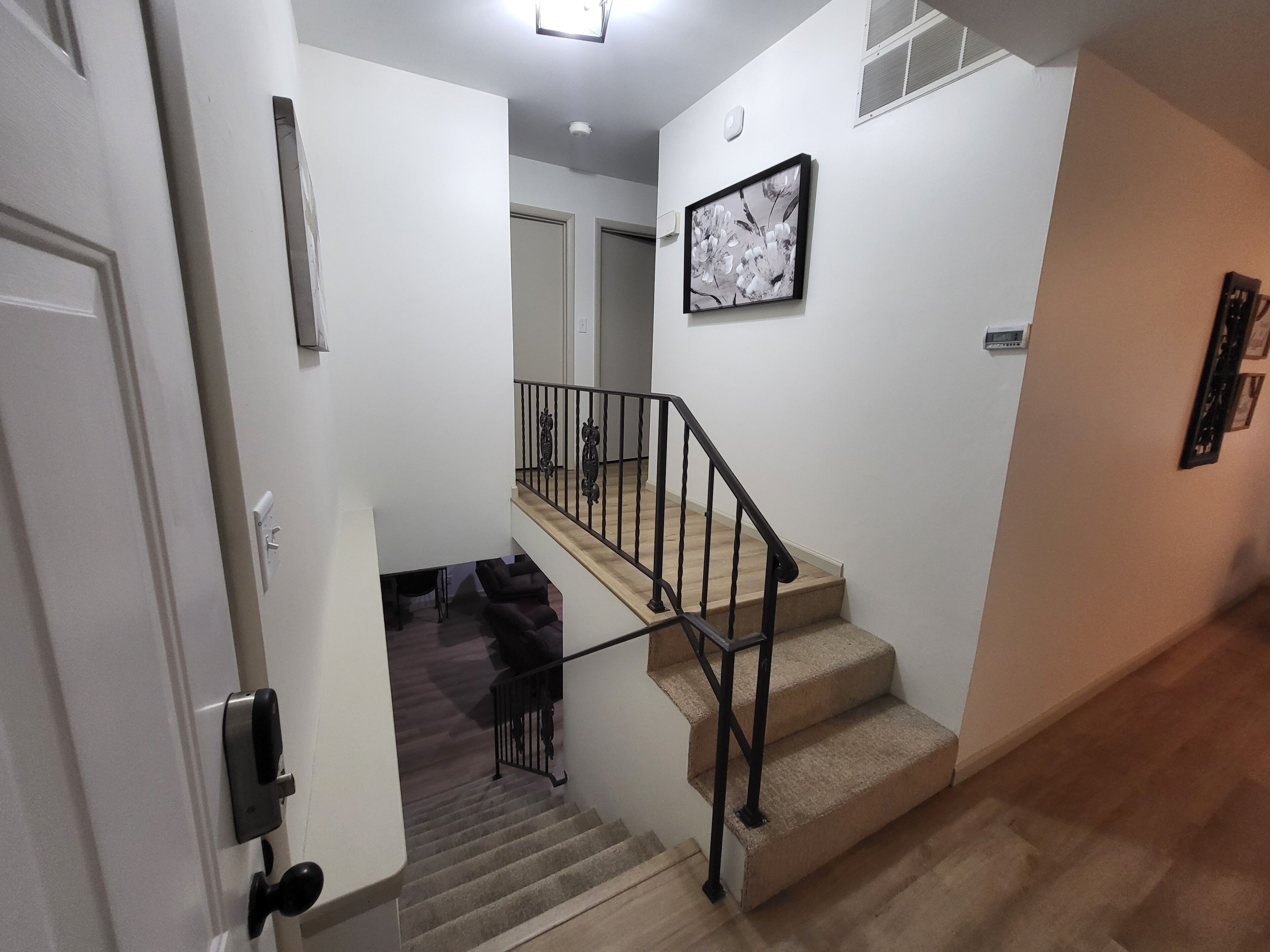Un escalier muni d’une rampe, dont les marches sont recouvertes de moquette, et sur lequel est installé un luminaire.
