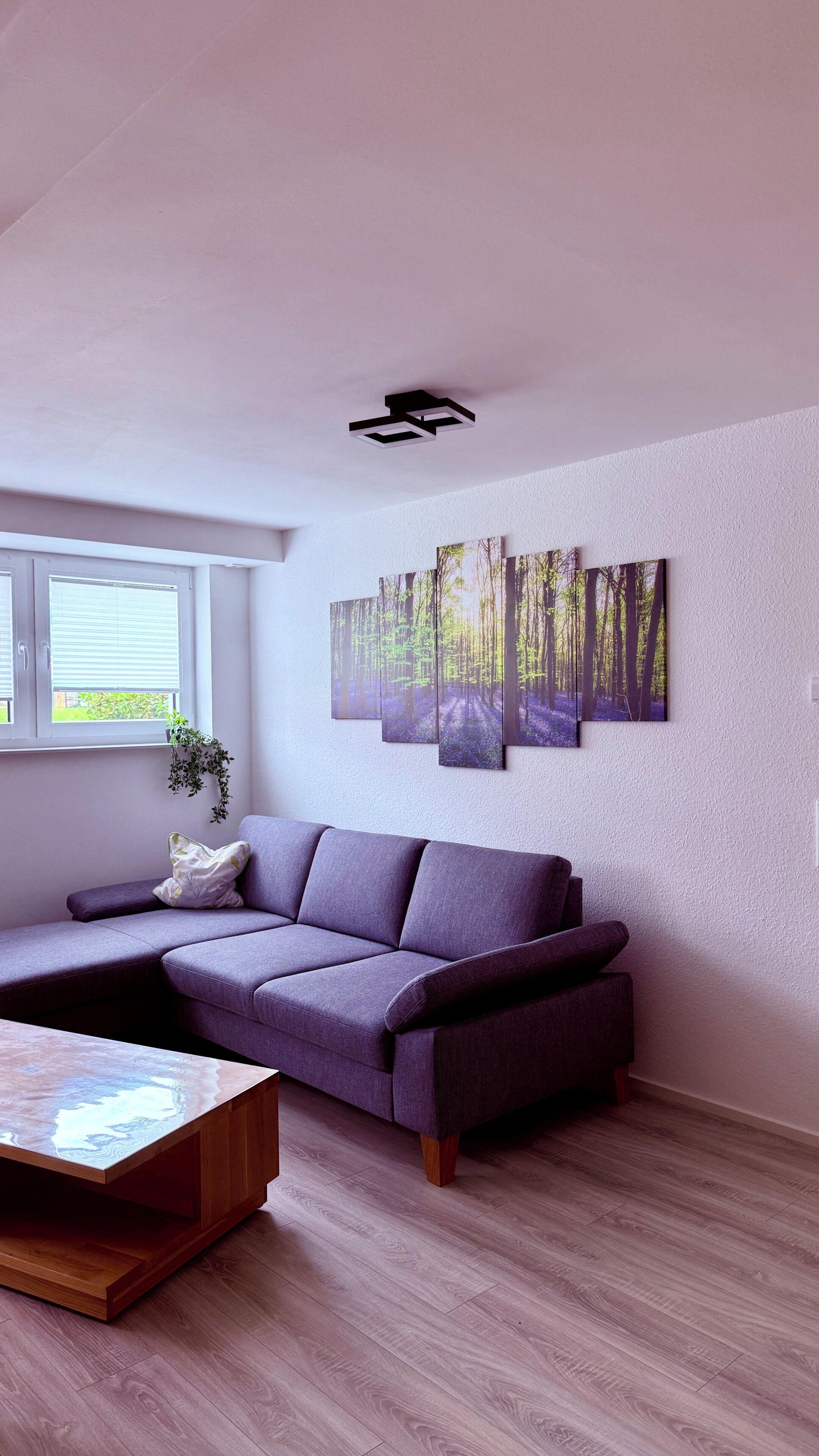 A modern living room with a sectional sofa, a coffee table, and a wall-mounted forest artwork.