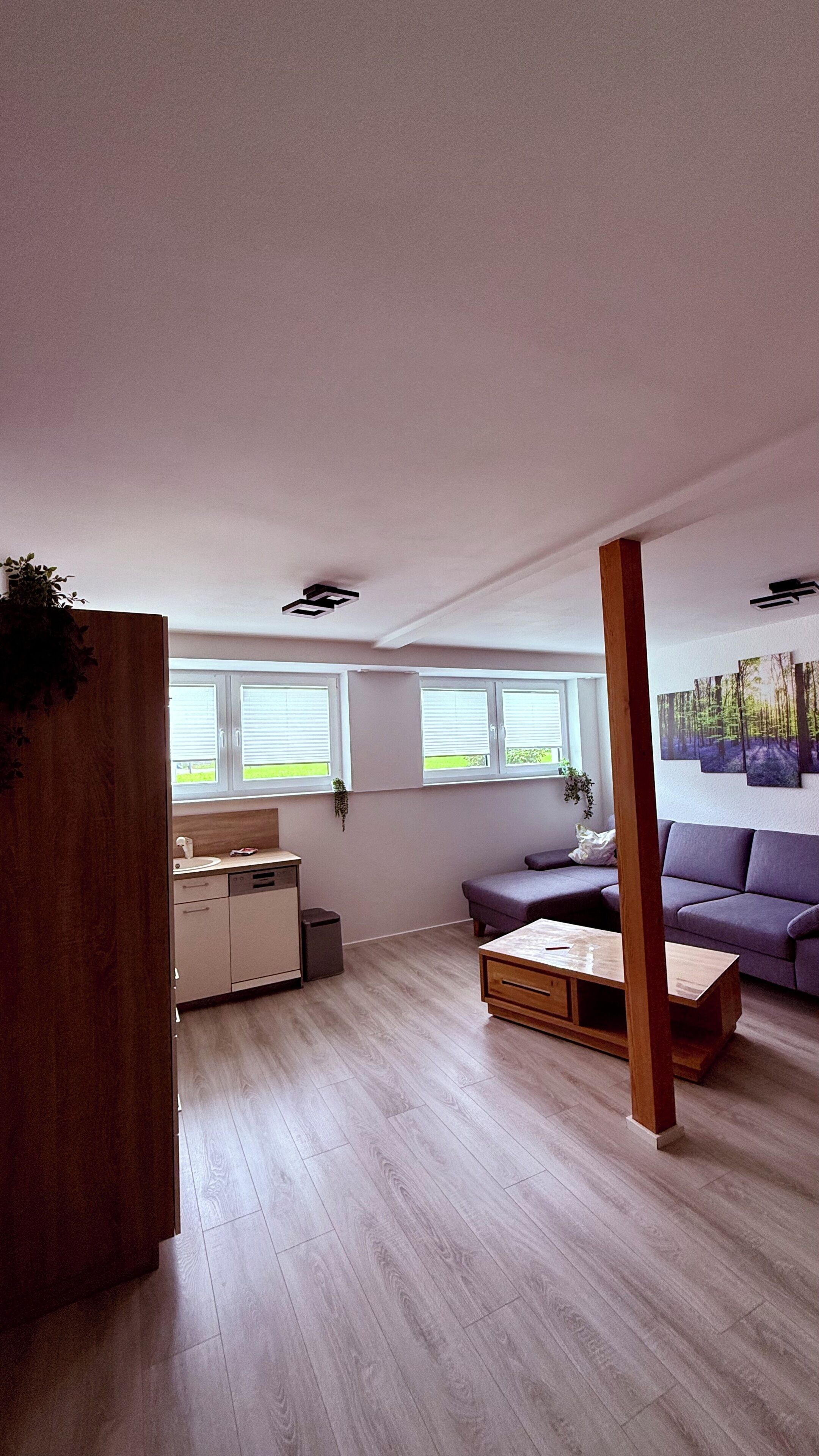 A modern living room with a sofa, a coffee table, a wooden cabinet, and a window with blinds.