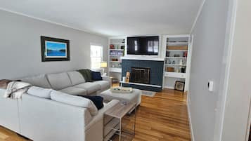 Smart TV, fireplace, books