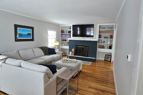 Smart TV, fireplace, books