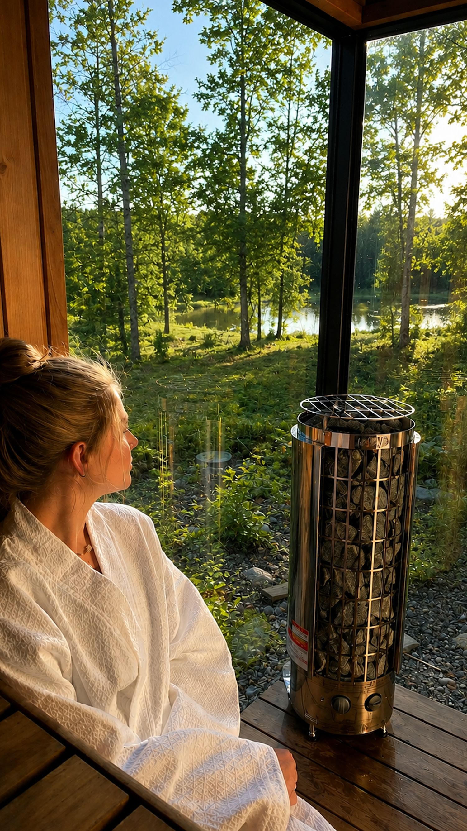 A person in a white bathrobe sitting by a window overlooking a forested area with a wood-burning stove in the foreground.