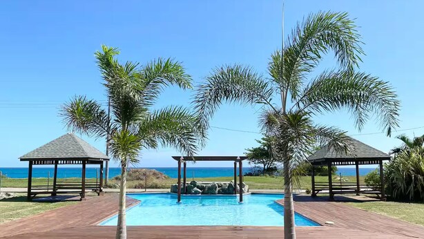 Zona de piscina con dos gazebos, palmeras y vistas al océano.
