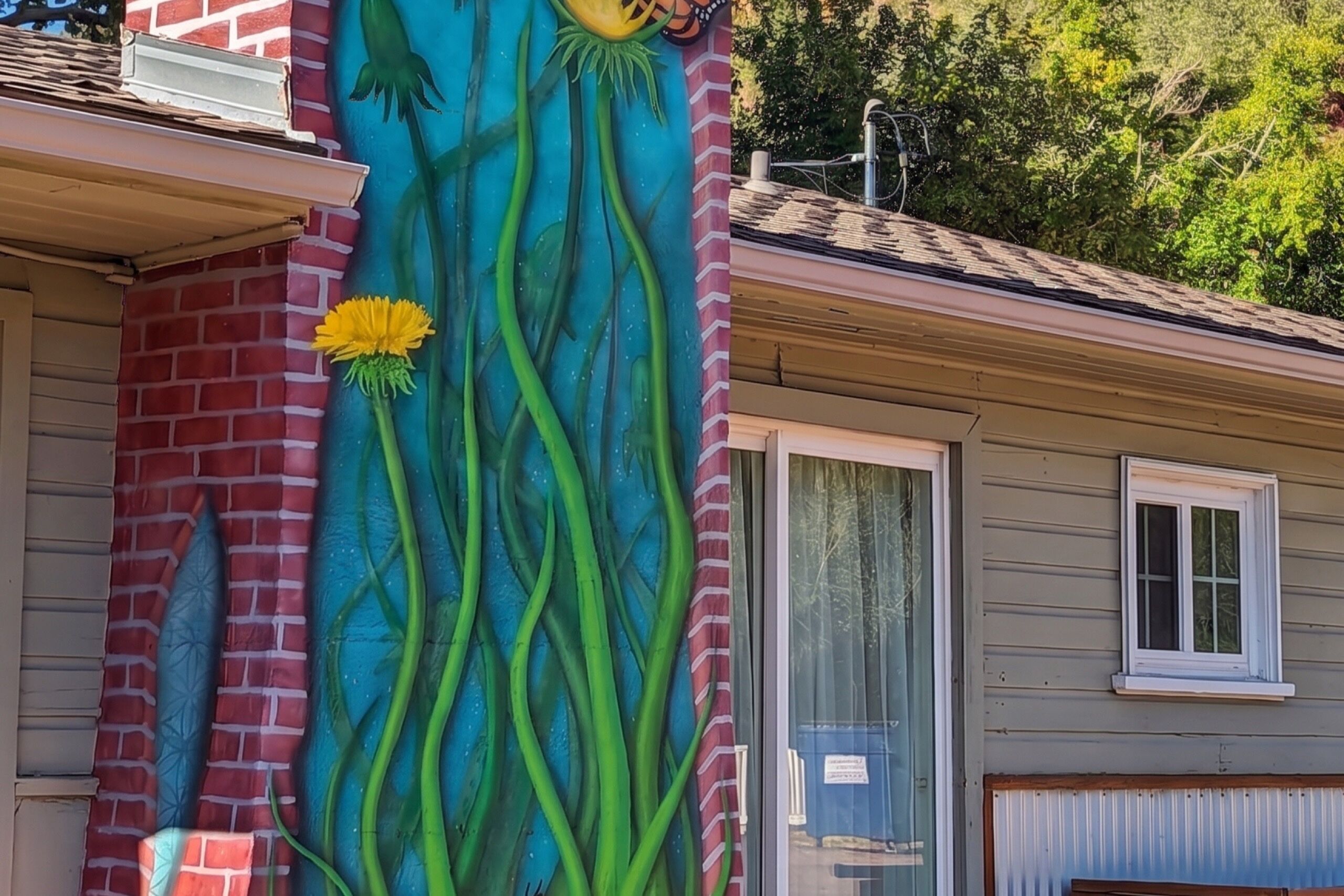Ein Gebäude mit Ziegelverkleidung und einem Wandgemälde von grünen Weinranken und einer gelben Blume.
