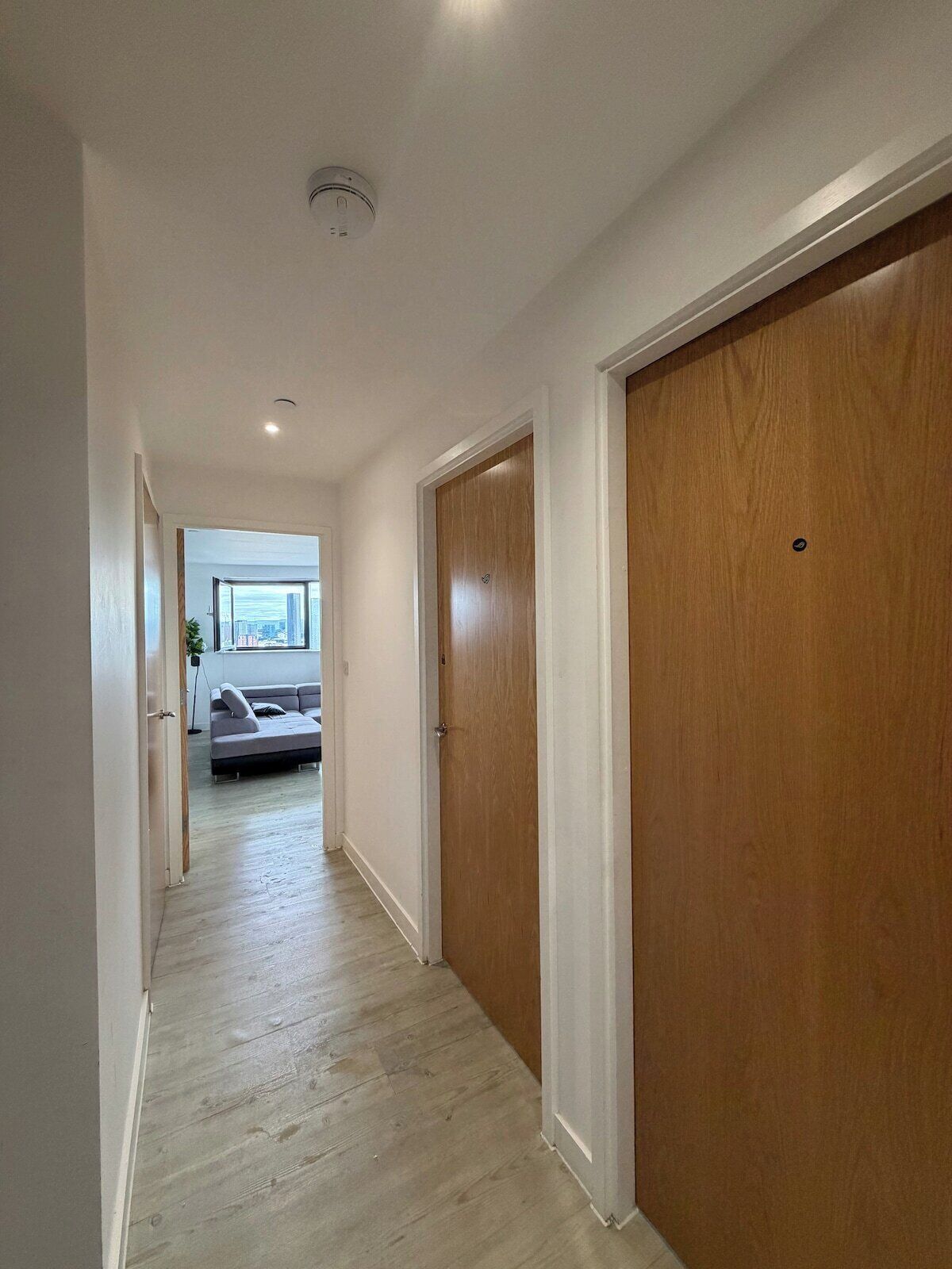 A hallway with wooden flooring, a grey sofa, and a door with a peephole.