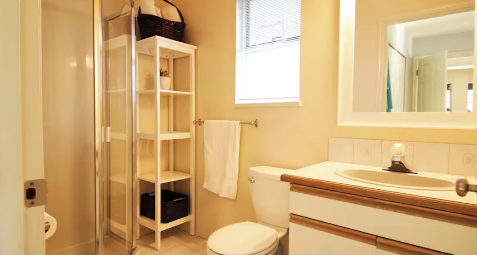 Shower, hair dryer, bidet, towels