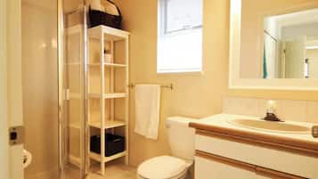 Shower, hair dryer, bidet, towels