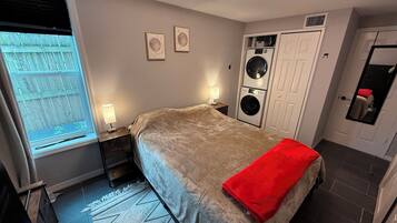 Desk, laptop workspace, blackout curtains, free WiFi