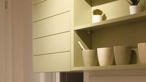 Una cocina con un lavamanos, una encimera y una planta en maceta sobre una repisa.