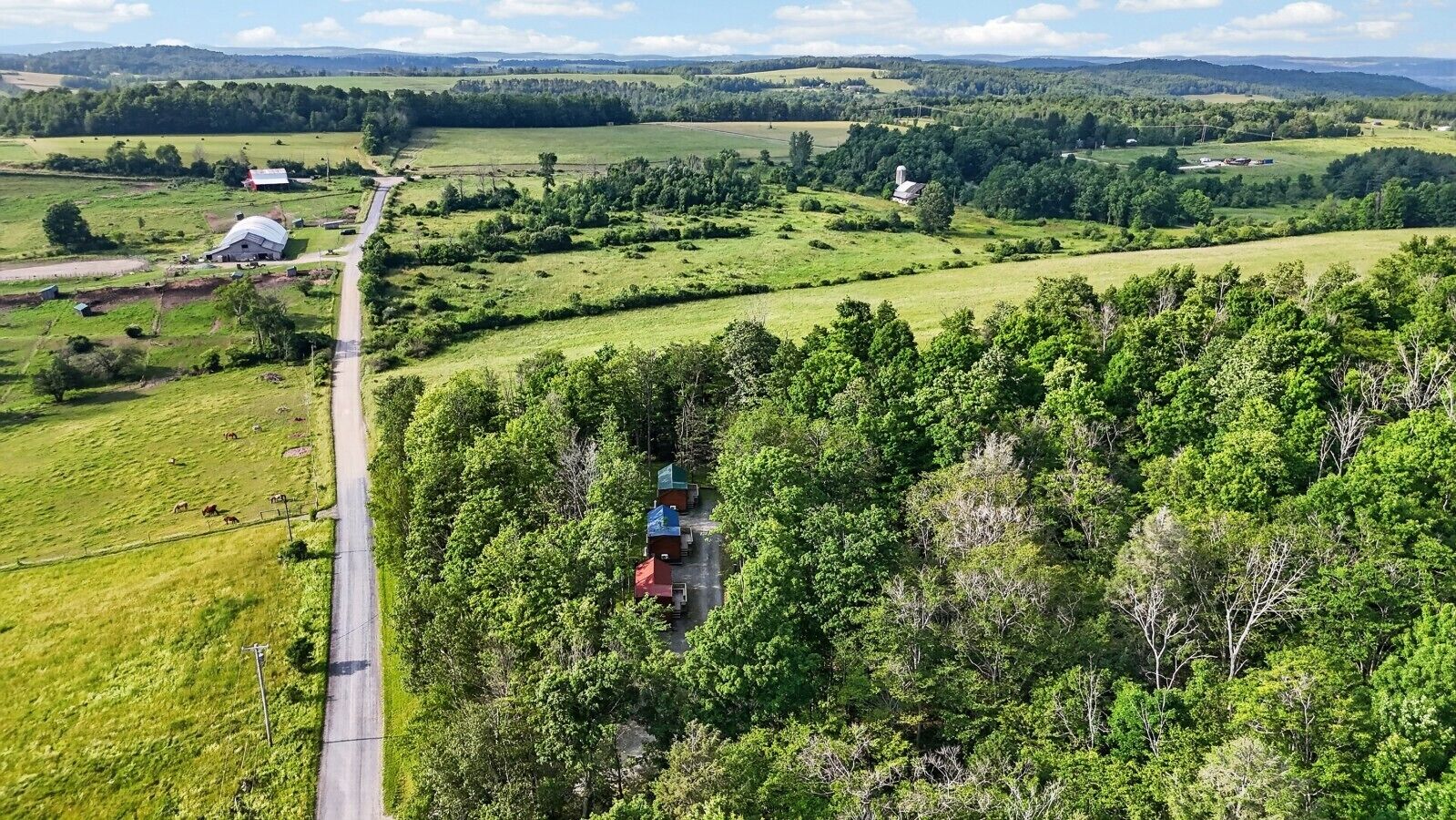 Vista aérea de un paisaje rural con una carretera, campos verdes y edificios dispersos.