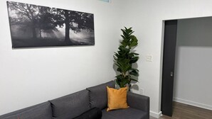 Ein graues Sofa mit zwei Kissen, einem schwarzen Kopfkissen und einer Pflanze daneben.