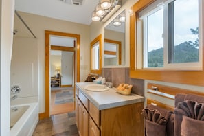 Hair dryer, towels, soap, toilet paper - 2-bedroom duplex unit by Trout Haven Pond (Estes Park)